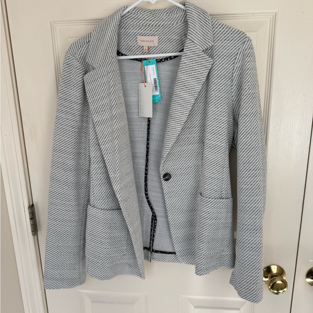 Skies Are Blue Light Gray Striped Knit Blazer
